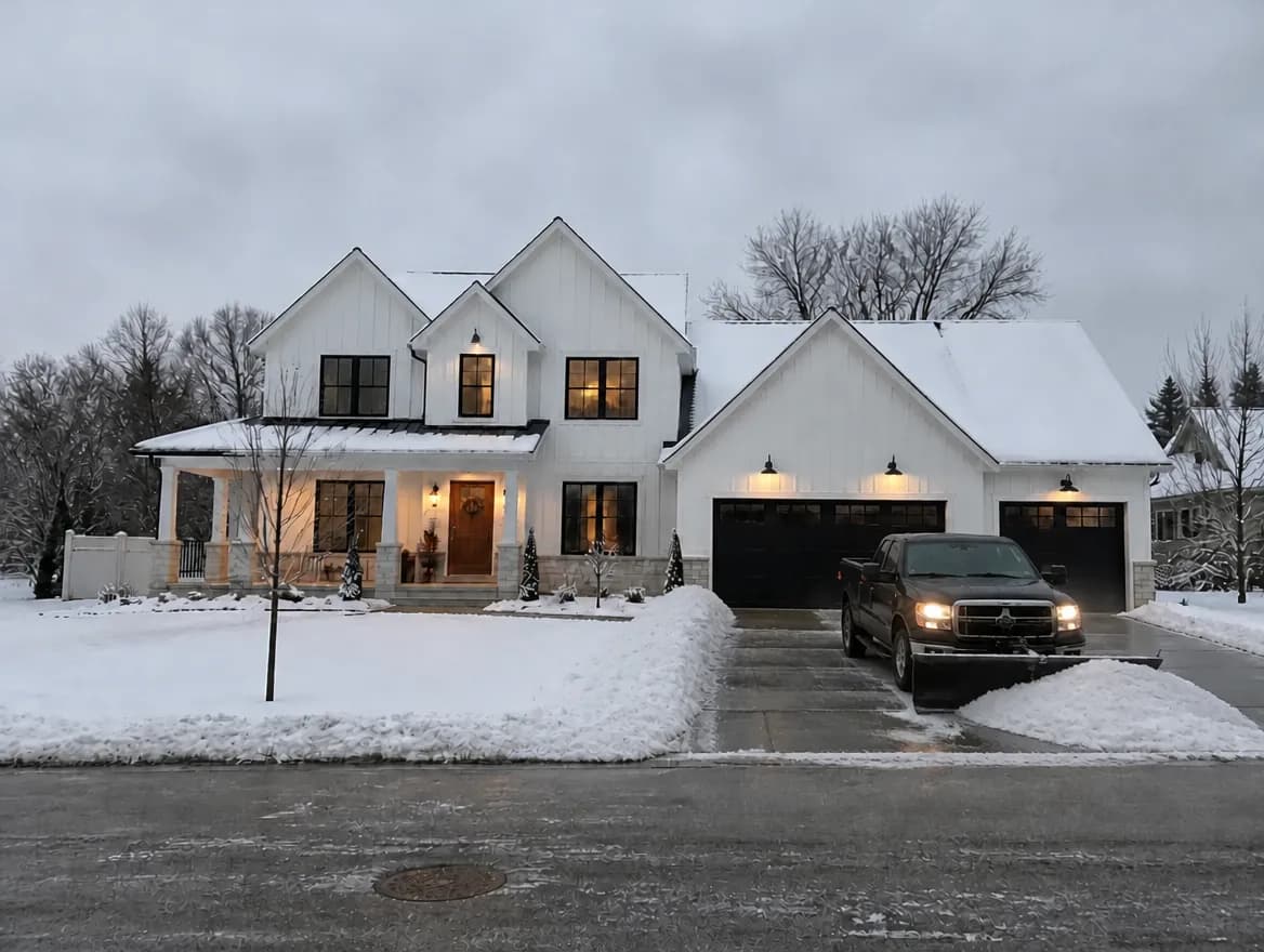 A plow truck in front of a cleared driveway at dusk